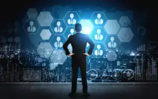 Business leader analysing workforce and performance data through a digital business intelligence dashboard