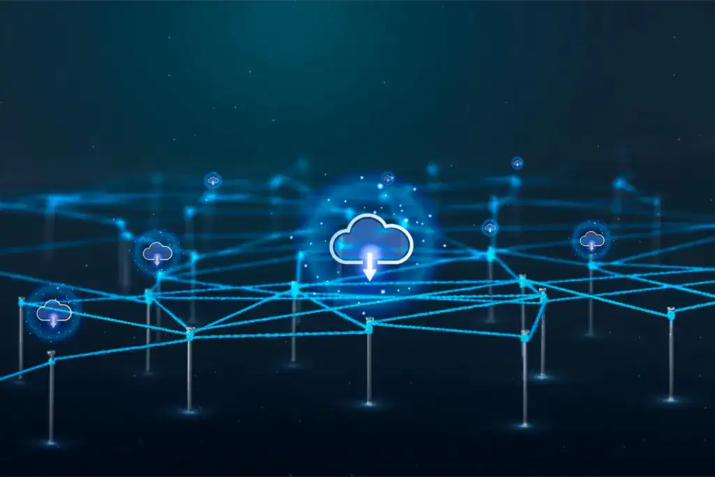 Cloud storage network visualisation showing connected data systems and information flow
