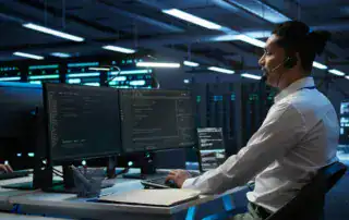 IT professional in a headset working across dual monitors of code inside a data centre