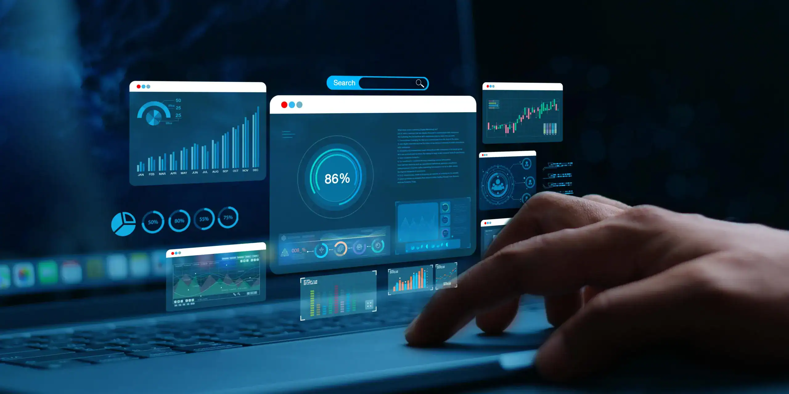 person using a laptop with data dashboards, charts, and reports displayed above the keyboard