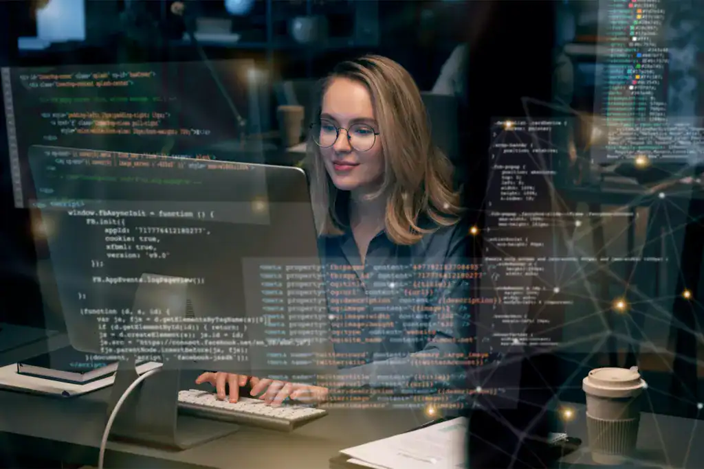 Software developer working on data and analytics applications using computer code.