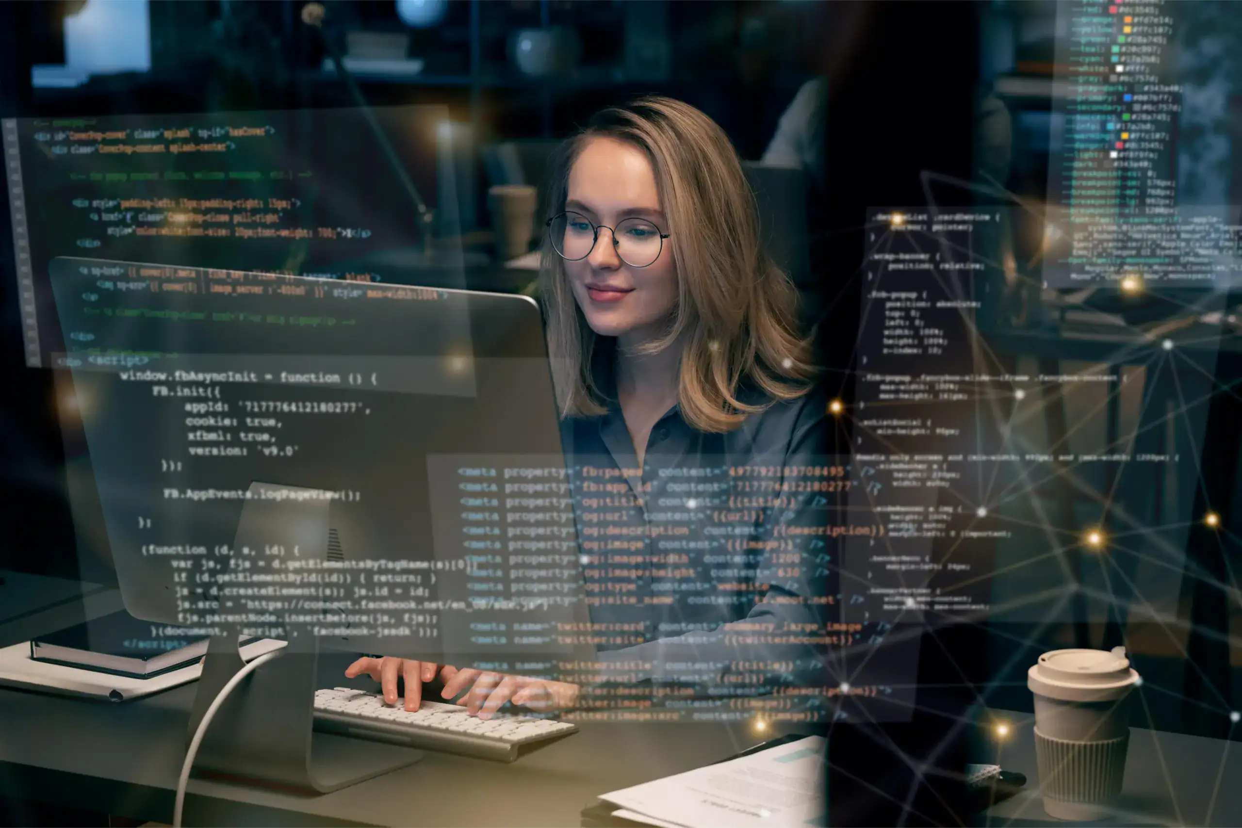 Software developer working on data and analytics applications using computer code.