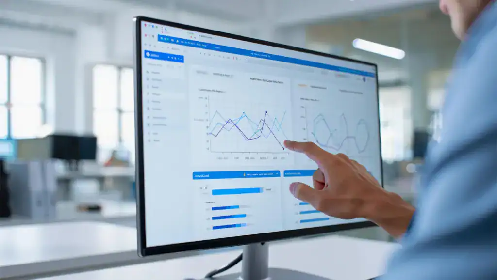 Business professional reviewing data trends on a digital dashboard