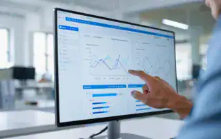 Business professional reviewing data trends on a digital dashboard